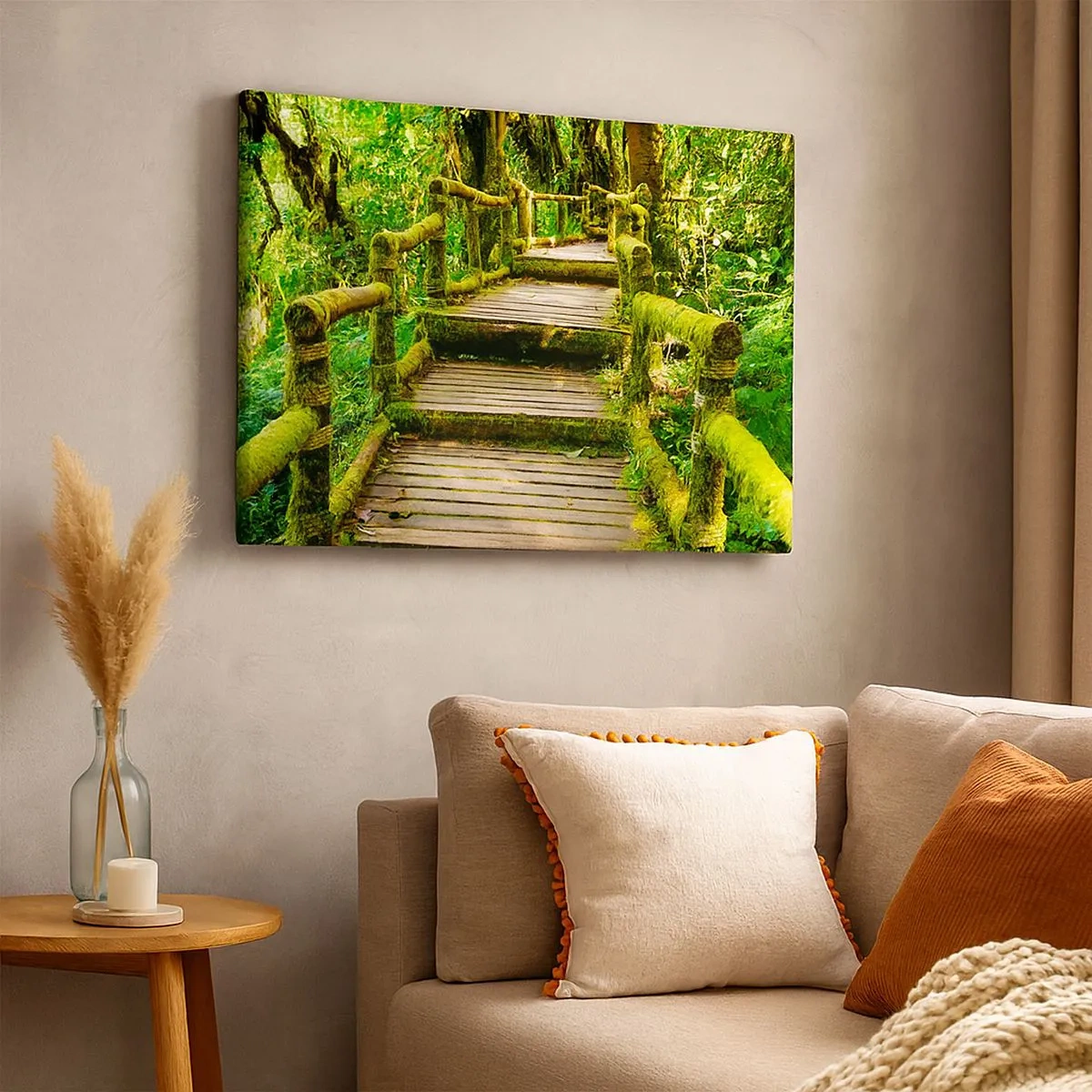Tablou pe pânză Canvas - Un pod de lemn acoperit cu mușchi într-o pădure tropicală - 70x50cm - Coridorul verde - Decorațiune modernă pentru perete pentru living și dormitor ARTTOR