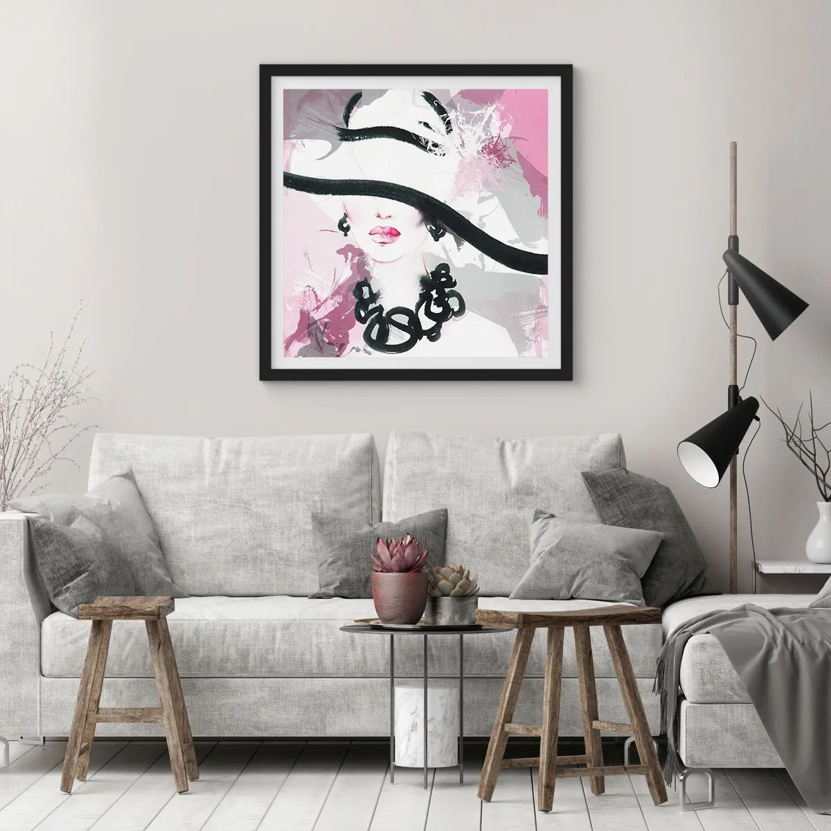 Poster în ramă neagră - Studiu unei dame în negru și roz - 30x30 cm