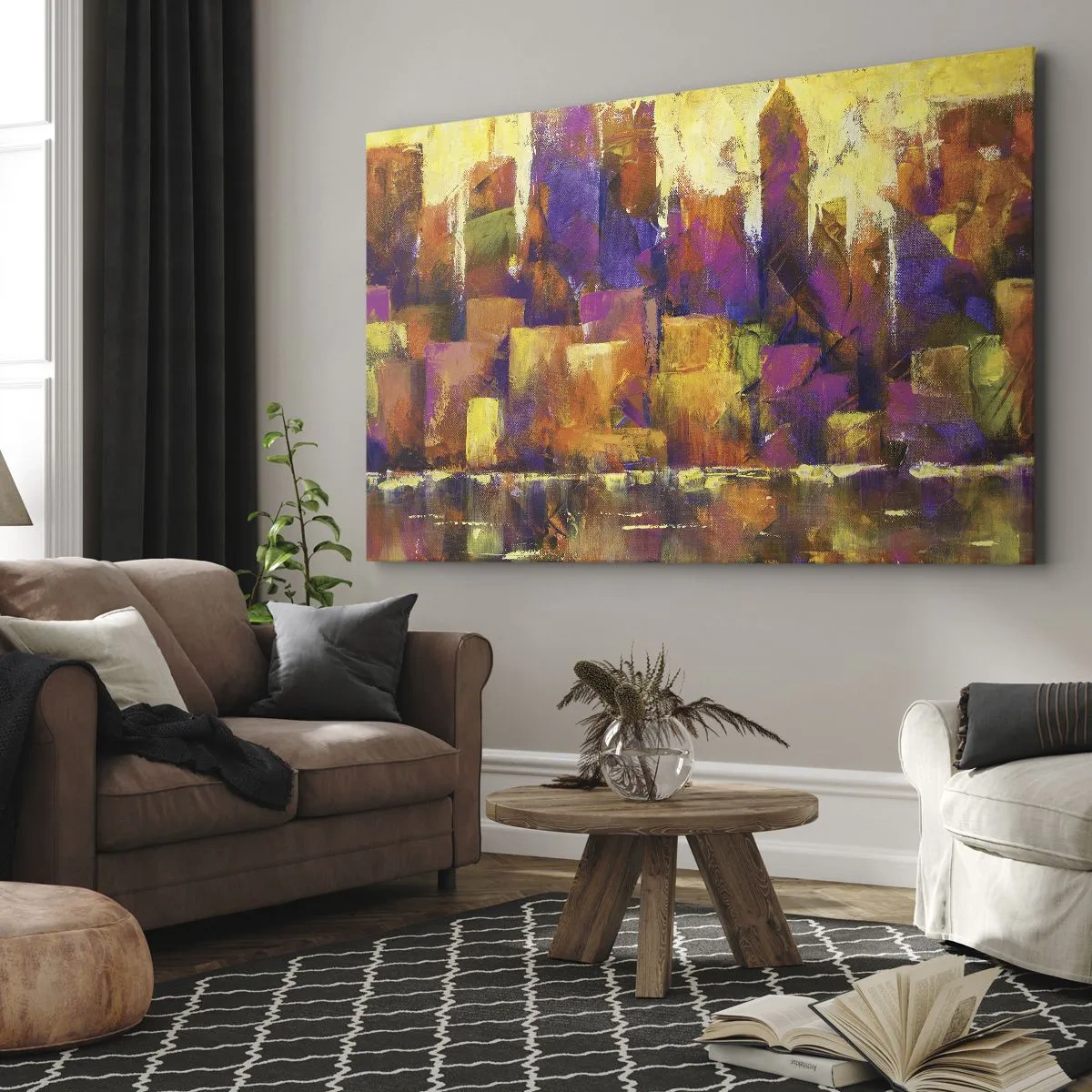 Tablou pe pânză Canvas - Compoziție abstractă a unei metropole în nuanțe de galben și violet - 70x50cm - Compoziția metropolitană - Decorațiune modernă pentru perete pentru living și dormitor ARTTOR