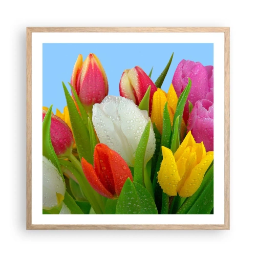 Poster în ramă de stejar deschis - Un curcubeu floral în picături de rouă - 60x60 cm
