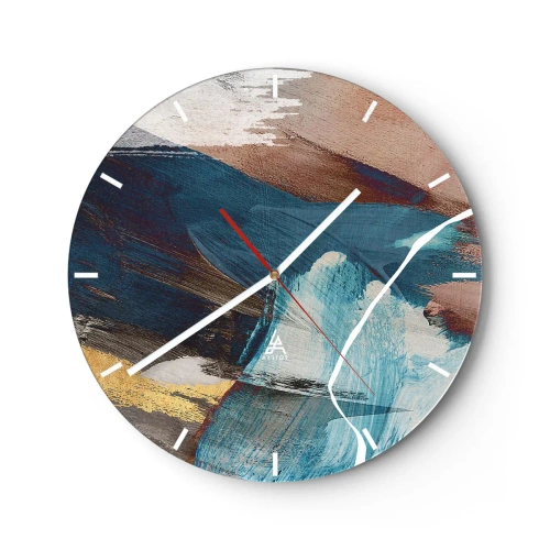 Ceas de perete - Ceas pe sticlă - Pensule dinamice în nuanțe de albastru și maro - 30x30cm - Cu fler și energie - Decorațiune modernă pentru perete pentru living, bucătărie și dormitor ARTTOR