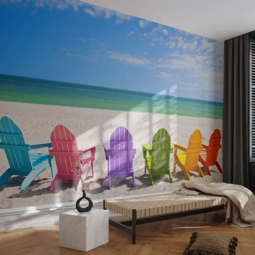 Fototapetă personalizată Premium Sand - Plaja curcubeu - Peisaj, plajă, Şezlonguri