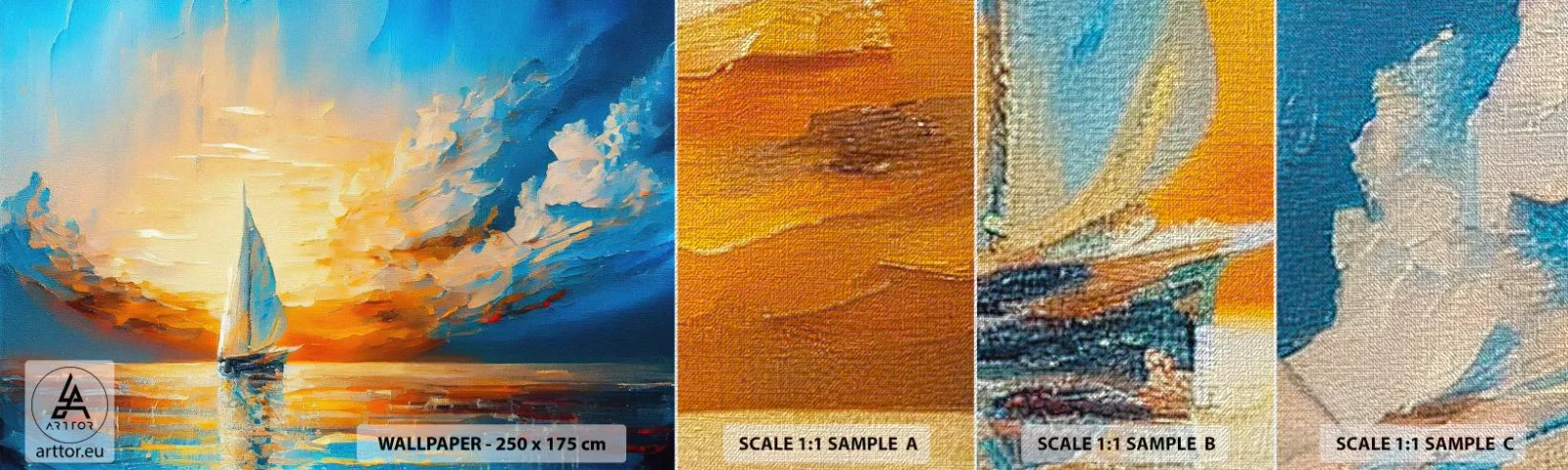 Mostră tapet Premium Canvas - Navigare prin aur - Peisaj, Nautic, Barcă cu pânze - 100x30 cm