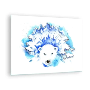 Tablou pe sticlă - Un urs polar pe fundalul unor munți înghețați în nuanțe de albastru. - 70x50cm - Regele Arcticii într-o coroană de gheață - Decorațiune modernă pentru perete pentru living și dormitor ARTTOR