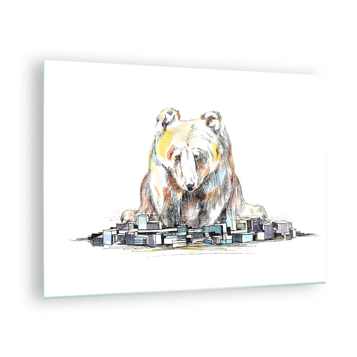 Tablou pe sticlă - Un urs privind orașul într-o compoziție artistică - 70x50cm - Cum poți trăi așa? - Decorațiune modernă pentru perete pentru living și dormitor ARTTOR