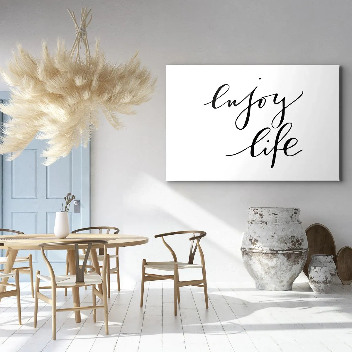 Tablou pe pânză Canvas - Citatul „bucură-te de viață” în caligrafie neagră pe fundal alb - 70x50cm - Nimic de adăugat... - Decorațiune modernă pentru perete pentru living și dormitor ARTTOR