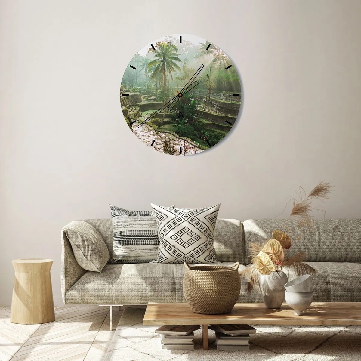 Ceas de perete - Ceas pe sticlă - Terase de orez într-un peisaj tropical într-o dimineață cețoasă - 30x30cm - Crescând la soare - Decorațiune modernă pentru perete pentru living, bucătărie și dormitor ARTTOR
