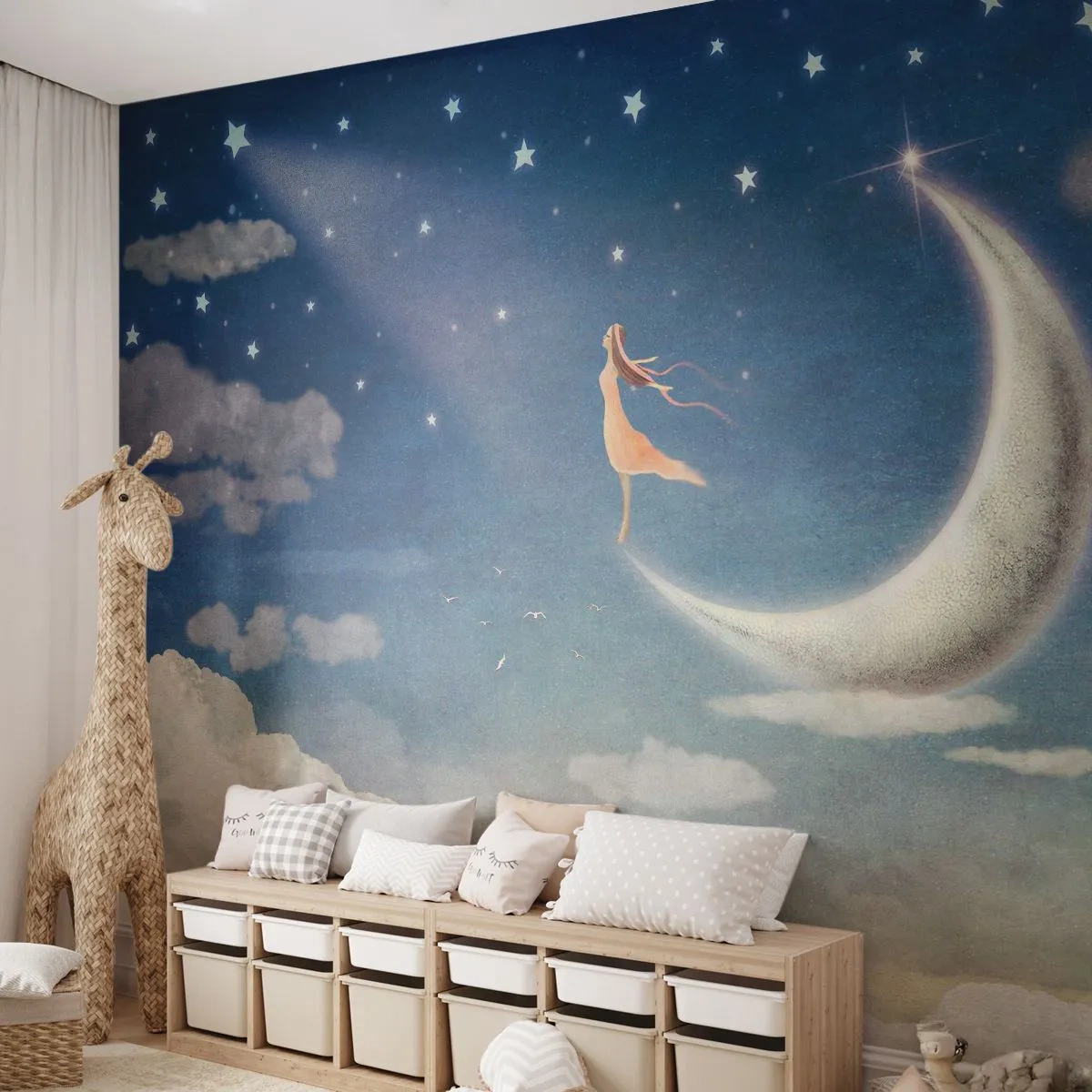 Tapet Autoadeziv Deluxe Sticker - Provocatoare în albastru - Abstracția, Pentru copii, Luna - 250x175 cm
