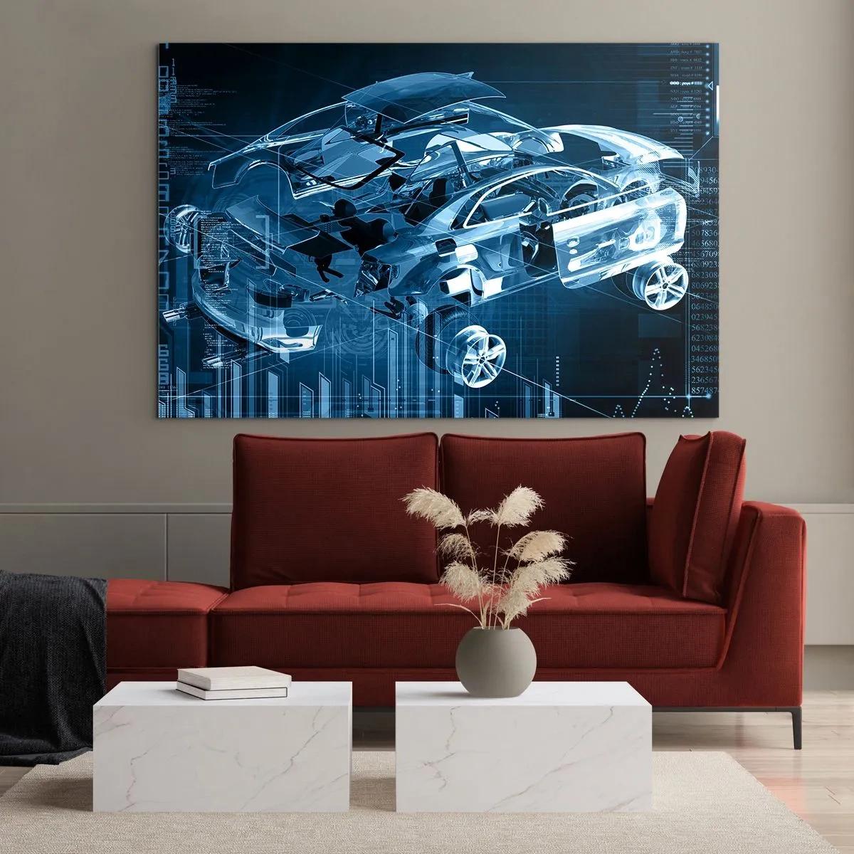 Tablou pe sticlă - Diagrama tehnologică a unei mașini în stil futurist - 70x50cm - Anatomie inginerească - Decorațiune modernă pentru perete pentru living și dormitor ARTTOR