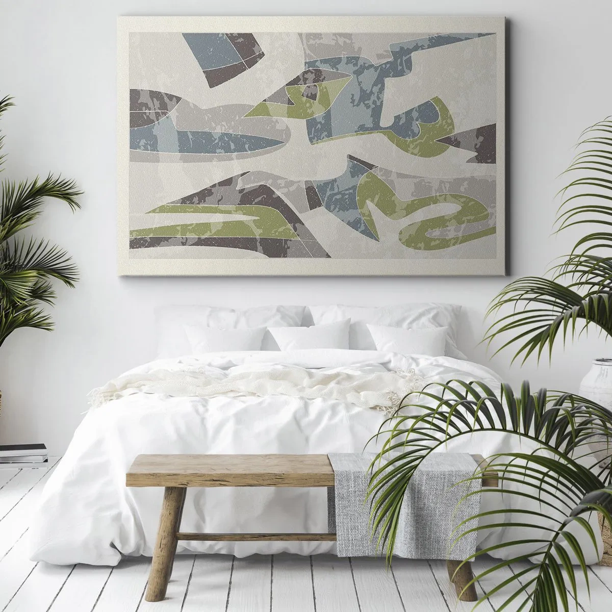 Tablou pe pânză Canvas - Forme abstracte în verde și albastru pe un fundal deschis - 70x50cm - Compoziție din spatele geamului - Decorațiune modernă pentru perete pentru living și dormitor ARTTOR
