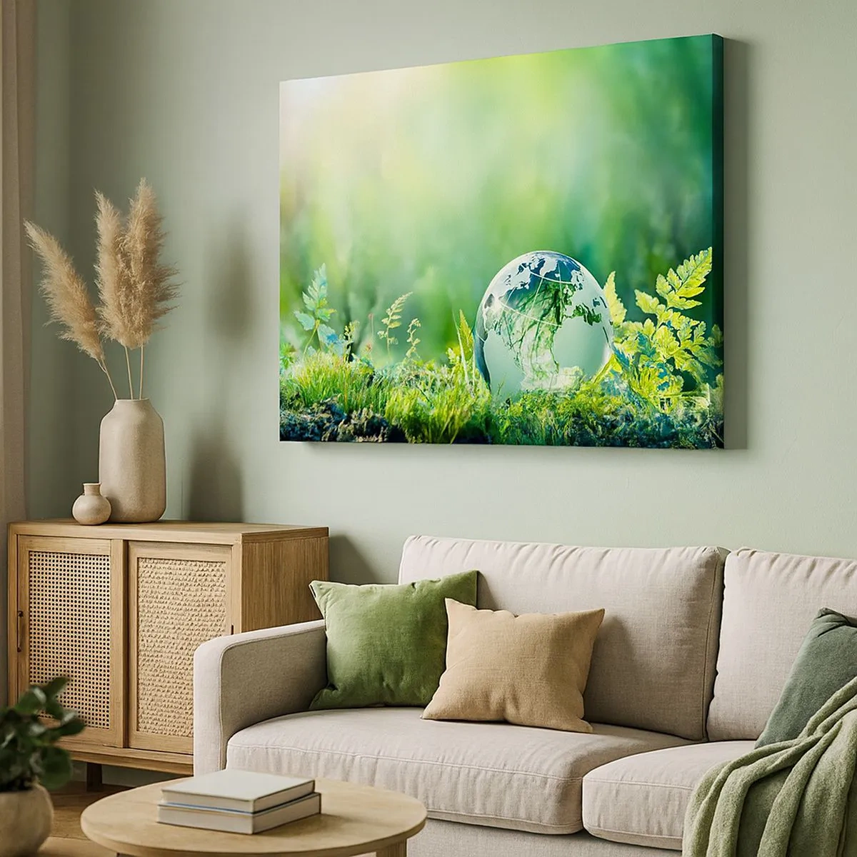 Tablou pe pânză Canvas - Un glob de cristal printre verdeața naturii - 70x50cm - Planeta verde - Decorațiune modernă pentru perete pentru living și dormitor ARTTOR