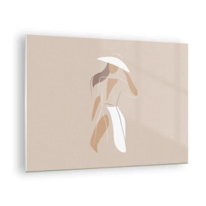 Tablou pe sticlă - Figură stilizată a unei femei cu o pălărie albă - 70x50cm - Moda este distractivă - Decorațiune modernă pentru perete pentru living și dormitor ARTTOR