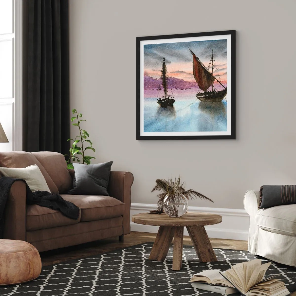 Poster în ramă neagră - O seară în port - 30x30 cm