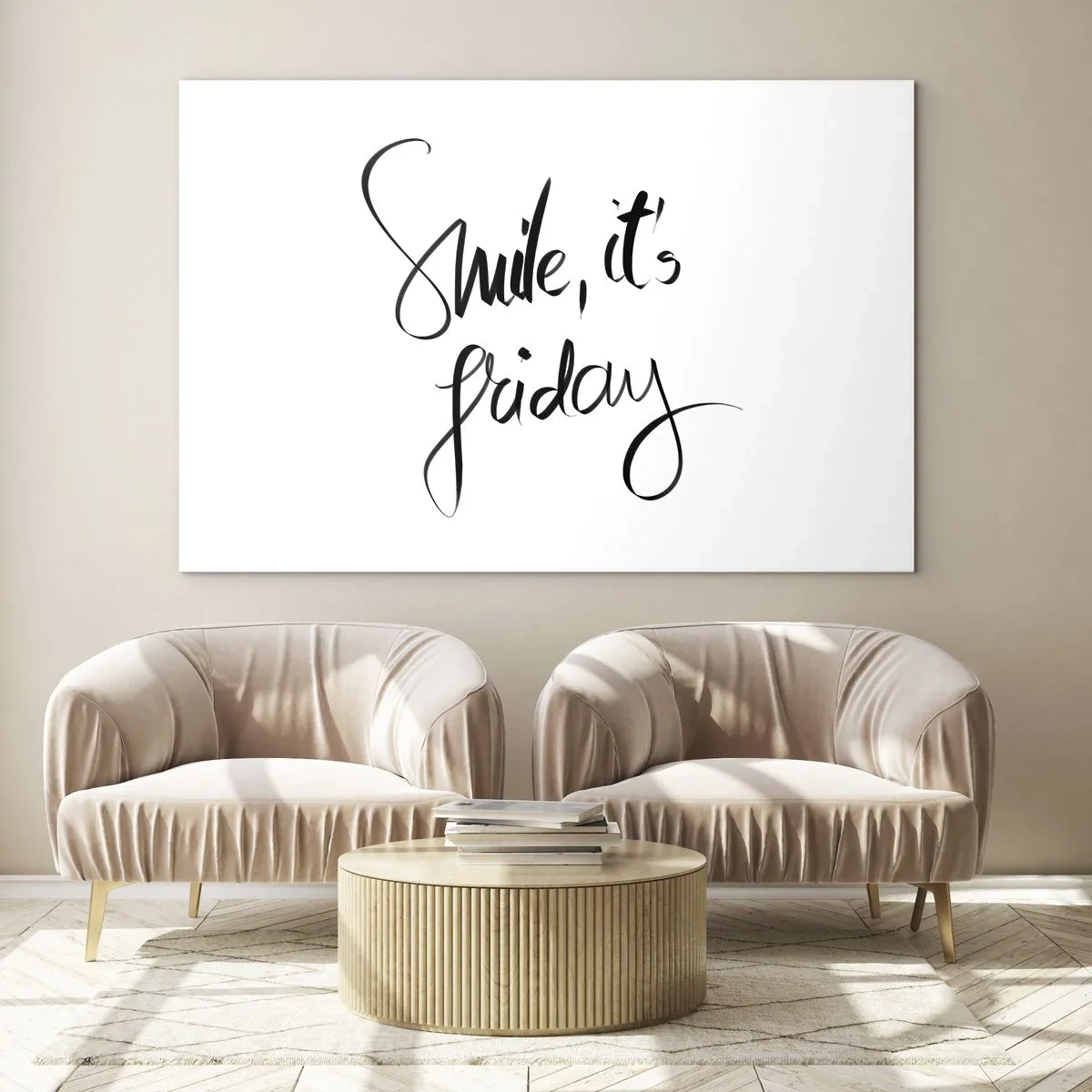 Tablou pe sticlă - Citat caligrafic despre zâmbet, e vineri - 70x50cm - Bucurie adevărată - Decorațiune modernă pentru perete pentru living și dormitor ARTTOR