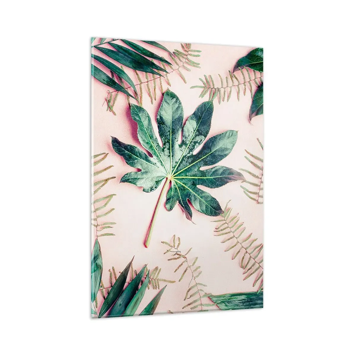 Tablou pe sticlă - Studiu de verdeață pe un fundal roz - 80x120 cm