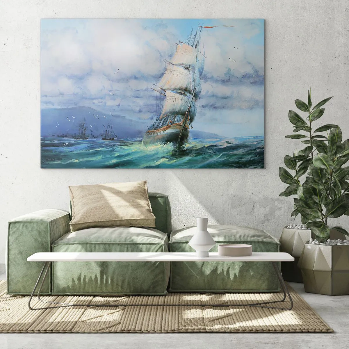 Tablou pe sticlă - O navă cu pânze navigând pe o mare furtunoasă sub un cer înnorat - 70x50cm - Vânturi bune - Decorațiune modernă pentru perete pentru living și dormitor ARTTOR