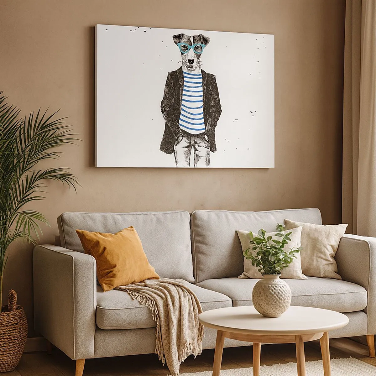 Tablou pe pânză Canvas - Portretul unui câine purtând ochelari și o cămașă de marinar, într-un stil umoristic - 70x50cm - Câinele în dungi - Decorațiune modernă pentru perete pentru living și dormitor ARTTOR