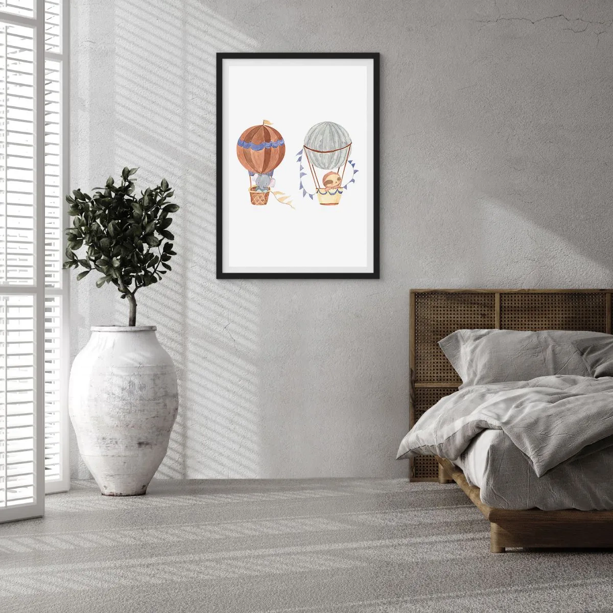 Poster în ramă neagră - Animale drăguțe în baloane pe fundal alb în stil acuarelă - 50x70cm - Prieteni de călătorie - Decorațiune modernă pentru perete pentru living și dormitor ARTTOR