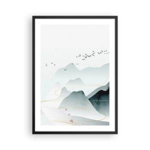 Poster în ramă neagră - Munți și păsări delicate într-o compoziție minimalistă - 50x70cm - Peste vârfuri - Decorațiune modernă pentru perete pentru living și dormitor ARTTOR
