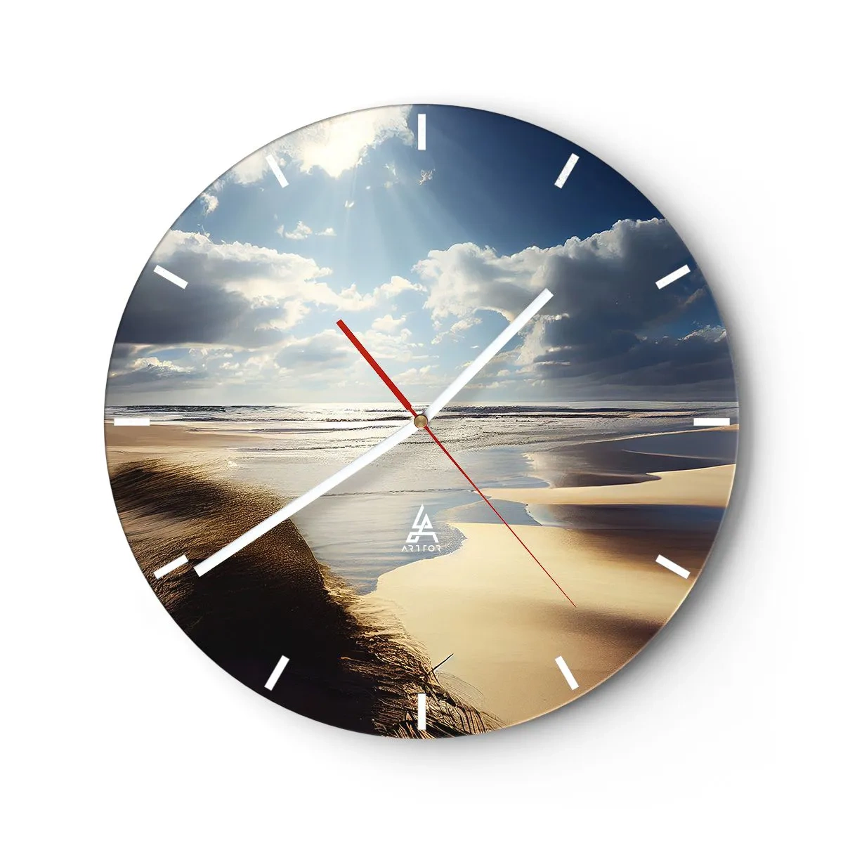 Ceas de perete - Ceas pe sticlă - O plajă sălbatică cu dune iluminate de lumina soarelui și nori - 30x30cm - Plajă sălbatică - Decorațiune modernă pentru perete pentru living, bucătărie și dormitor ARTTOR
