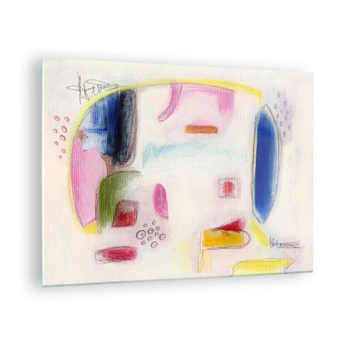 Tablou pe sticlă - Abstracție colorată cu forme geometrice și pasteluri - 70x50cm - Mai mult convexă decât concavă sau plată - Decorațiune modernă pentru perete pentru living și dormitor ARTTOR