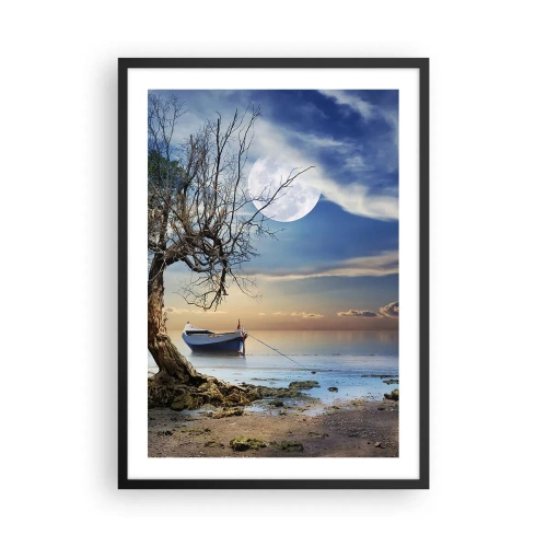 Poster în ramă neagră - Peisaj cu o barcă, un copac și luna pe un fundal de apă calmă - 50x70cm - Este acesta sfârșitul sau începutul? - Decorațiune modernă pentru perete pentru living și dormitor ARTTOR