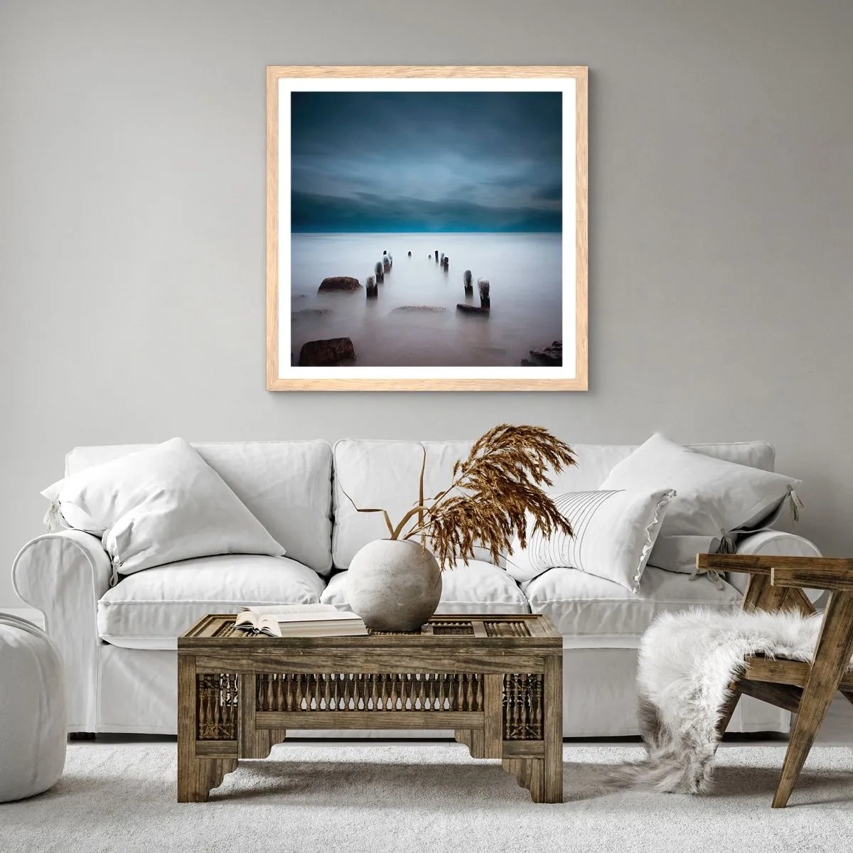 Poster în ramă de stejar deschis - Un lac în ceața calmă - 40x40 cm