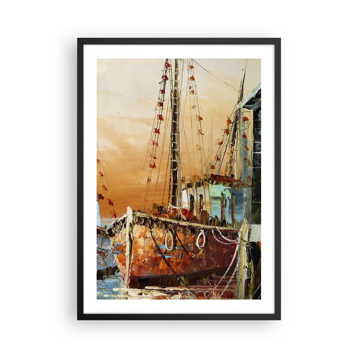 Poster în ramă neagră - O corabie cu pânze pe fundalul soarelui care apune - 50x70cm - Întoarcere pașnică - Decorațiune modernă pentru perete pentru living și dormitor ARTTOR