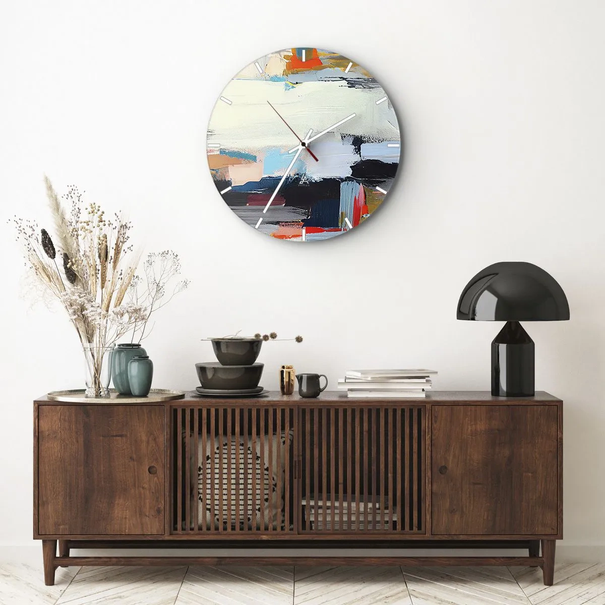 Ceas de perete - Ceas pe sticlă - O compoziție abstractă de pete colorate și dungi geometrice. - 30x30cm - Există o metodă? - Decorațiune modernă pentru perete pentru living, bucătărie și dormitor ARTTOR