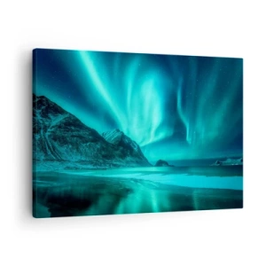 Tablou pe pânză Canvas - Aurora boreală peste un peisaj muntos de iarnă - 70x50cm - Minunile din nord - Decorațiune modernă pentru perete pentru living și dormitor ARTTOR