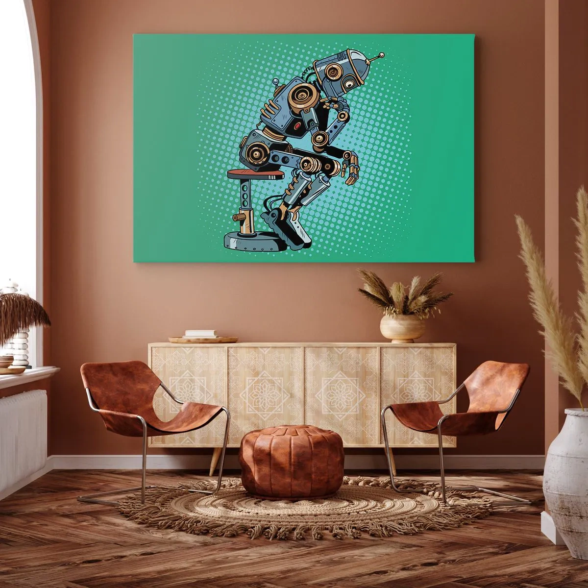 Tablou pe pânză Canvas - Robot gânditor în stil pop art pe fundal verde - 70x50cm - Peste esența ființei - Decorațiune modernă pentru perete pentru living și dormitor ARTTOR
