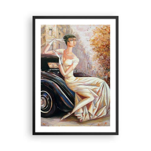 Poster în ramă neagră - Femeie elegantă lângă o mașină retro într-un stil pictural - 50x70cm - Eleganță retro - Decorațiune modernă pentru perete pentru living și dormitor ARTTOR