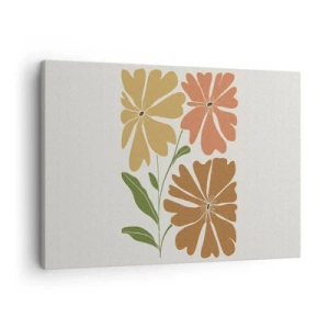 Tablou pe pânză Canvas - Trei flori în culori calde pe un fundal deschis - 70x50cm - Natură și geometrie - Decorațiune modernă pentru perete pentru living și dormitor ARTTOR