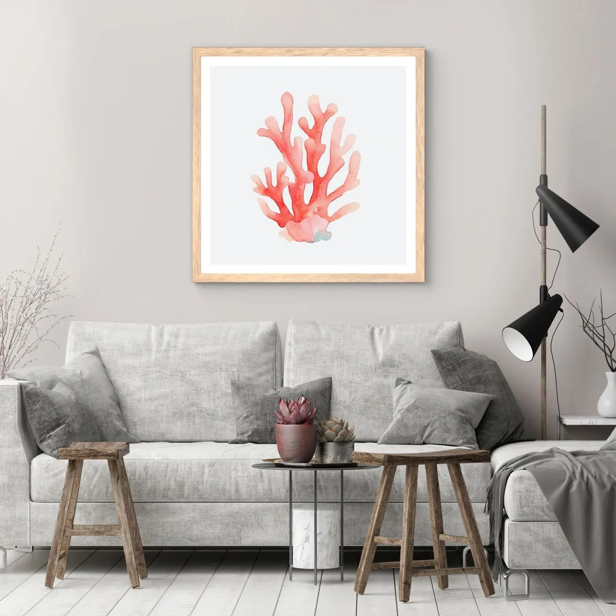 Poster în ramă de stejar deschis - Culoare de coral - 40x40 cm