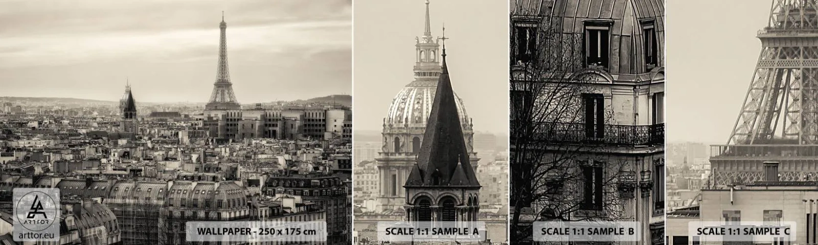 Mostră tapet autocolant Deluxe Sticker - Deasupra acoperișurilor Parisului - Oraș, Paris, Arhitectură - 100x30 cm