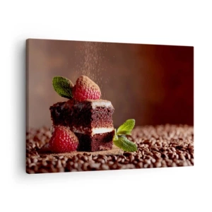 Tablou pe pânză Canvas - Tort de ciocolată cu zmeură și mentă pe fundal de boabe de cacao - 70x50cm - Viața este dulce - Decorațiune modernă pentru perete pentru living și dormitor ARTTOR