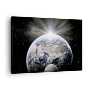 Tablou pe pânză Canvas - Pământul și Luna iluminate de strălucirea spațiului - 70x50cm - În plină strălucire - Decorațiune modernă pentru perete pentru living și dormitor ARTTOR