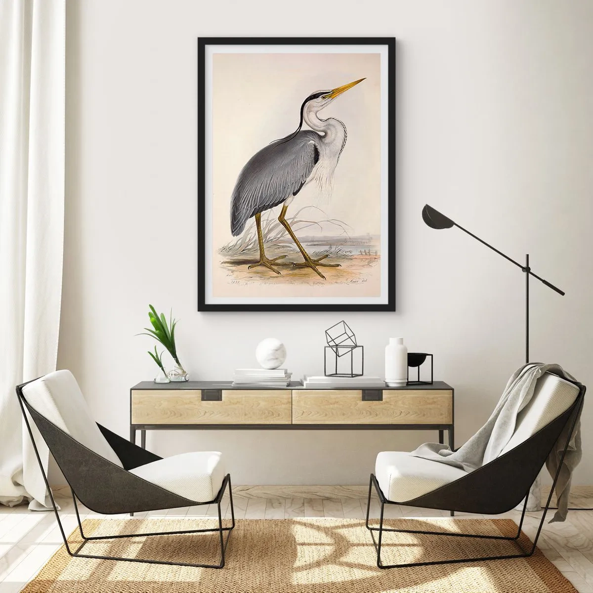 Poster în ramă neagră - Harul lui Heron - 50x70cm - Farmecul unui stârc - Decorațiune modernă pentru perete pentru living și dormitor ARTTOR