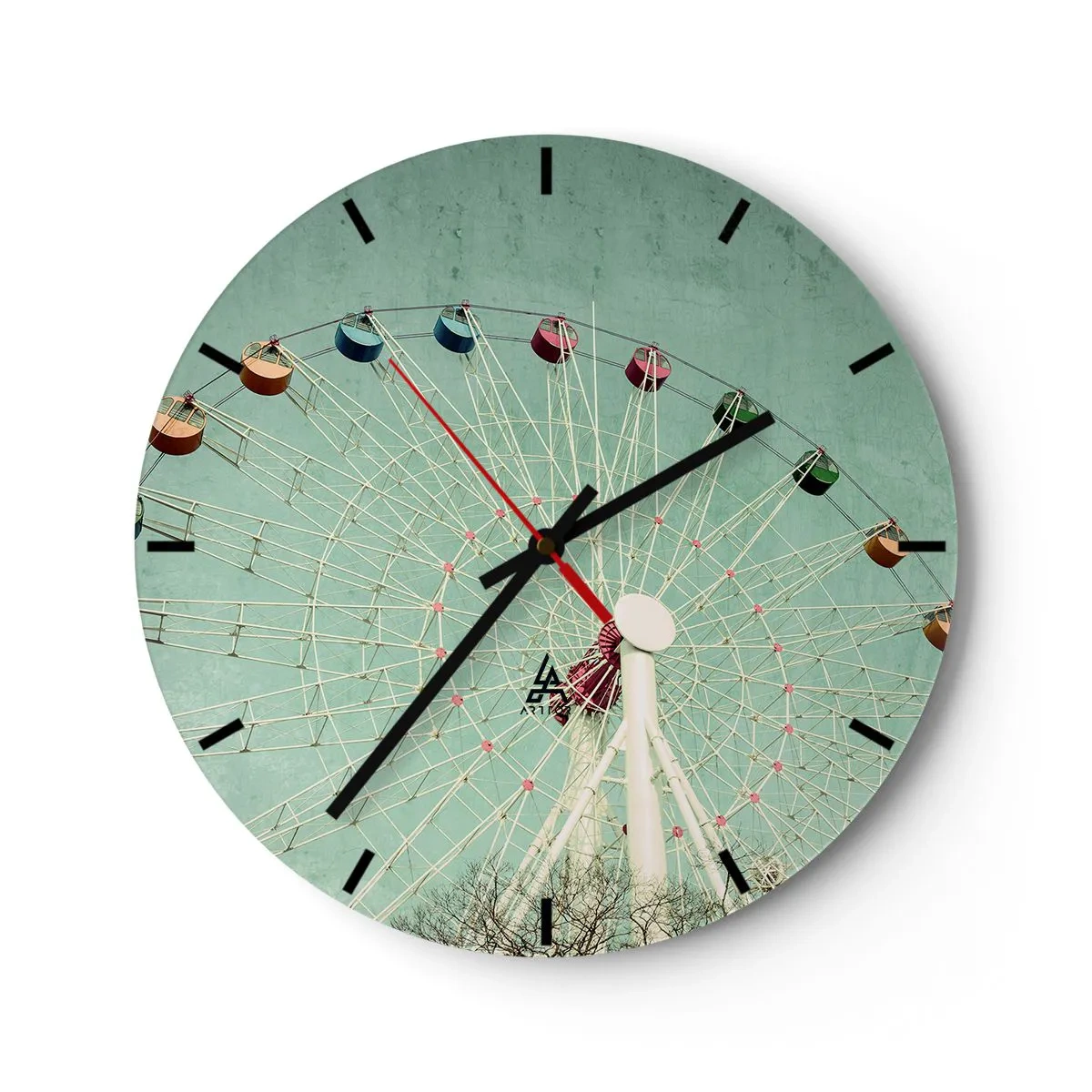 Ceas de perete - Ceas pe sticlă - O roată Ferris colorată pe un fundal turcoaz - 30x30cm - Poftim la joacă - Decorațiune modernă pentru perete pentru living, bucătărie și dormitor ARTTOR