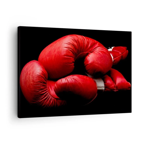 Tablou pe pânză Canvas - Mănuși de box roșii pe fundal negru - 70x50cm - Emoția bătăliei a trecut - Decorațiune modernă pentru perete pentru living și dormitor ARTTOR