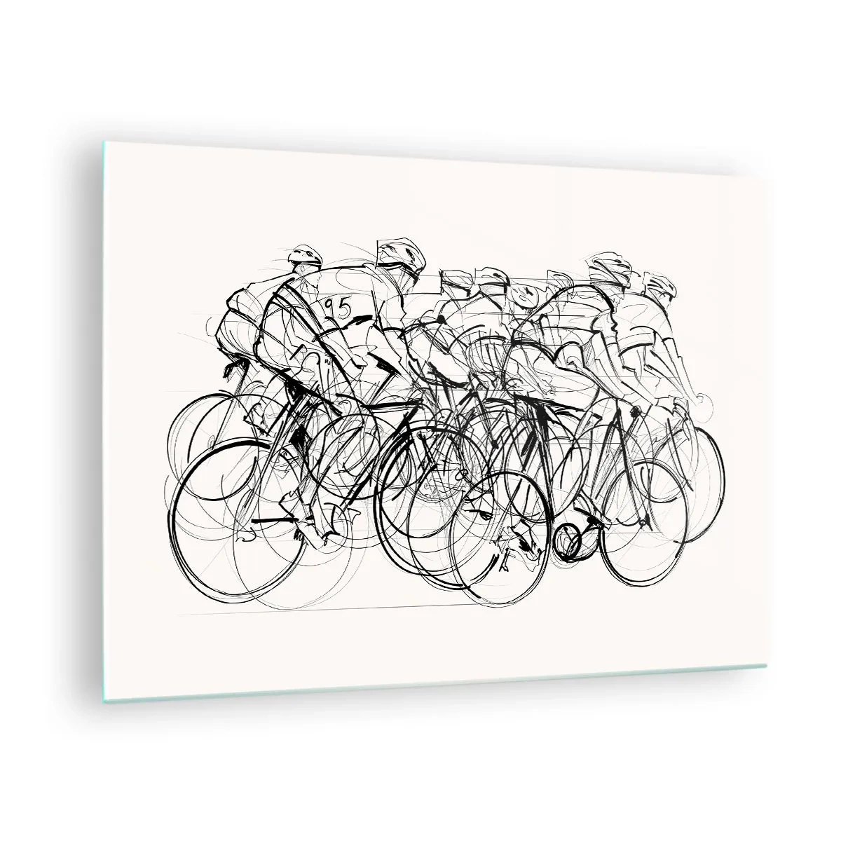 Tablou pe sticlă - Schiță a unui grup de cicliști în timpul unei curse pe un fundal alb - 70x50cm - Mână în mână - Decorațiune modernă pentru perete pentru living și dormitor ARTTOR