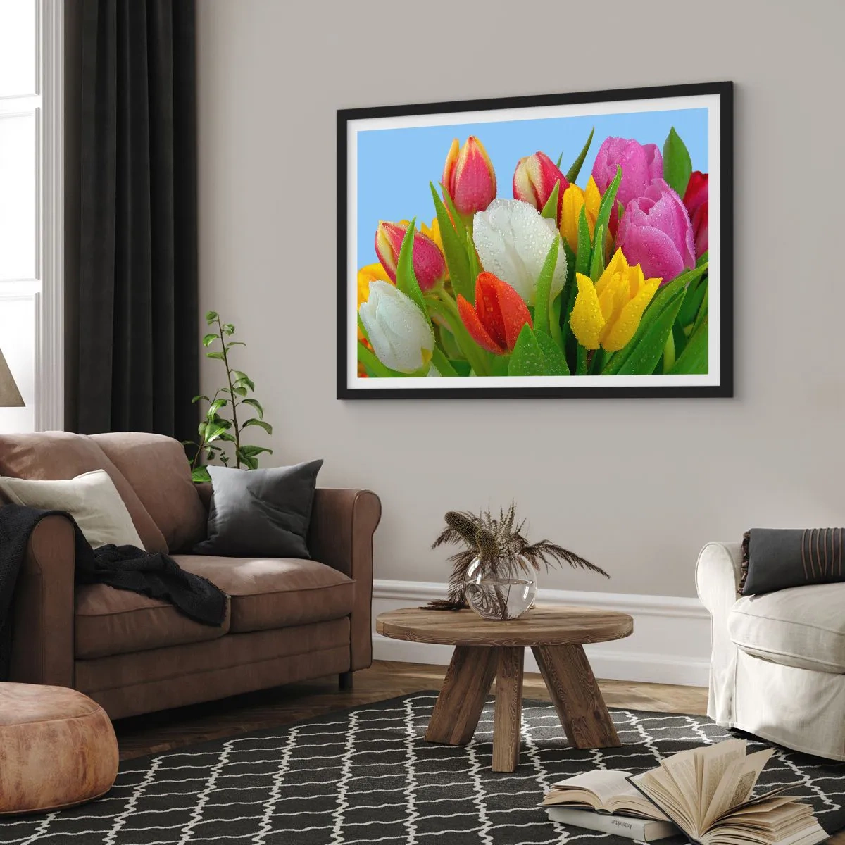 Poster în ramă neagră - Un curcubeu floral în picături de rouă - 70x50 cm