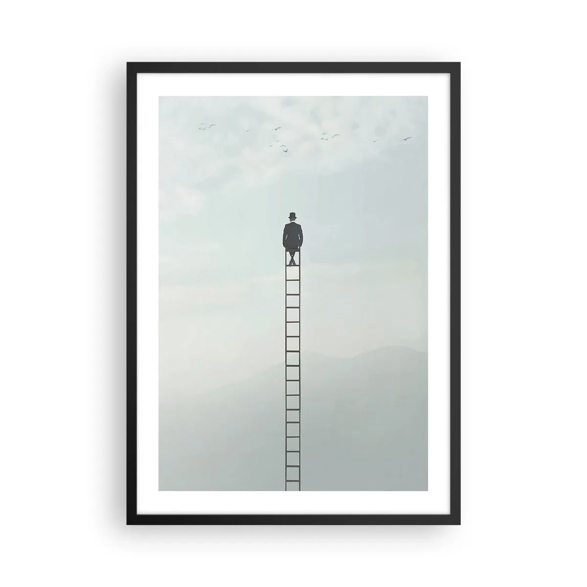 Poster în ramă neagră - Bărbat pe o scară privind cerul - 50x70cm - Fii deasupra - Decorațiune modernă pentru perete pentru living și dormitor ARTTOR