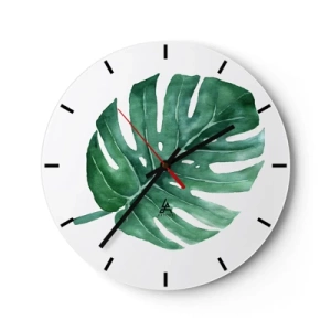 Ceas de perete - Ceas pe sticlă - Ilustrație în acuarelă a unei frunze de monstera - 30x30cm - Conceptul verde - Decorațiune modernă pentru perete pentru living, bucătărie și dormitor ARTTOR