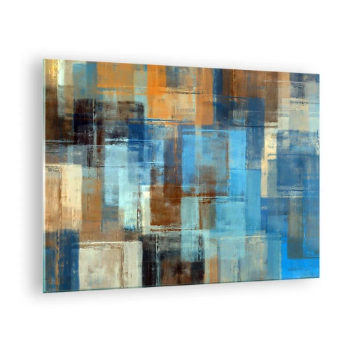 Tablou pe sticlă - Compoziție geometrică abstractă în nuanțe de albastru și maro - 70x50cm - Prin valul albastru - Decorațiune modernă pentru perete pentru living și dormitor ARTTOR
