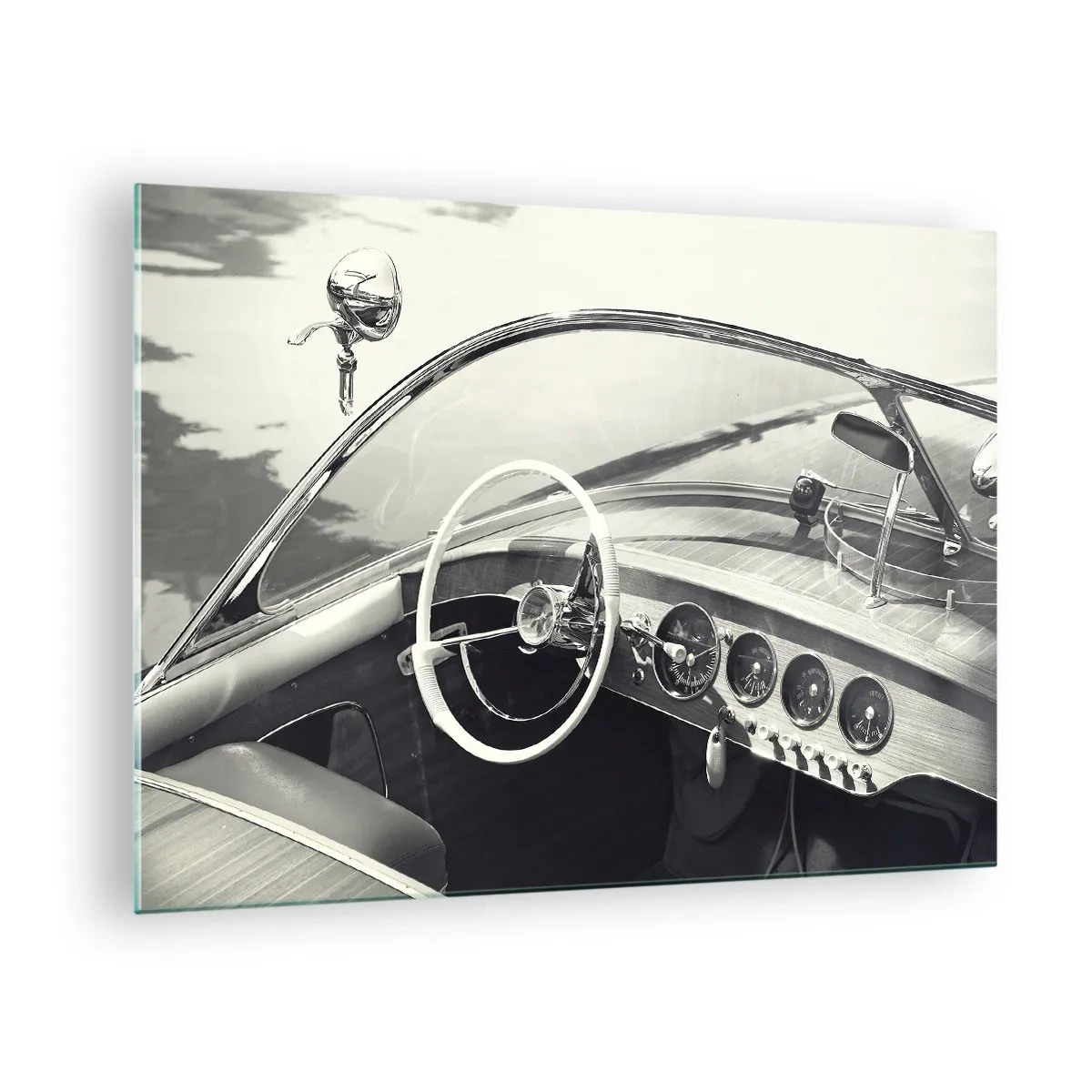 Tablou pe sticlă - Cockpit de mașină clasică în alb și negru - 70x50cm - E timpul pentru cei bogați - Decorațiune modernă pentru perete pentru living și dormitor ARTTOR
