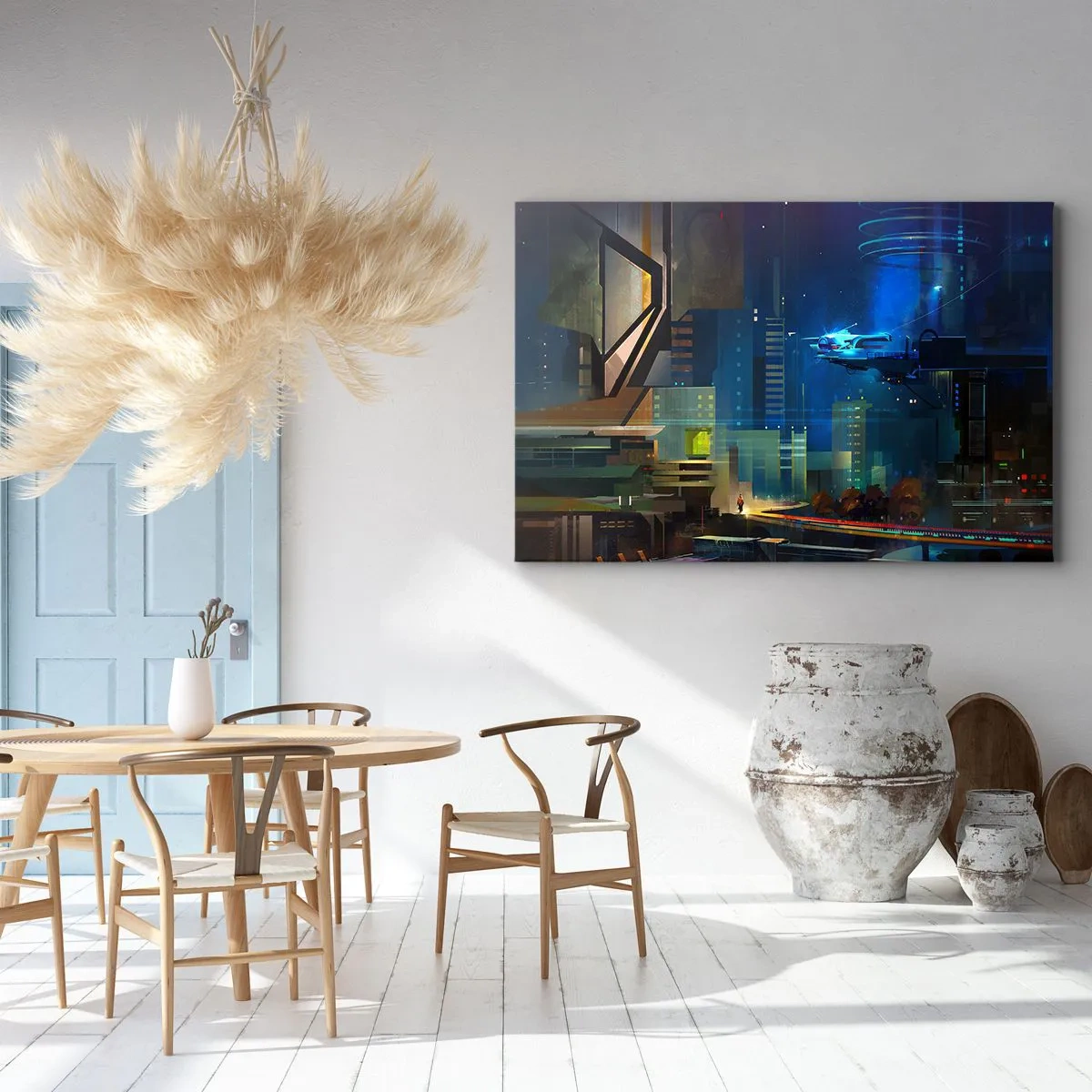 Tablou pe pânză Canvas - Oraș futurist noaptea cu lumini de neon și un vehicul zburător - 70x50cm - În viitorul apropiat - Decorațiune modernă pentru perete pentru living și dormitor ARTTOR