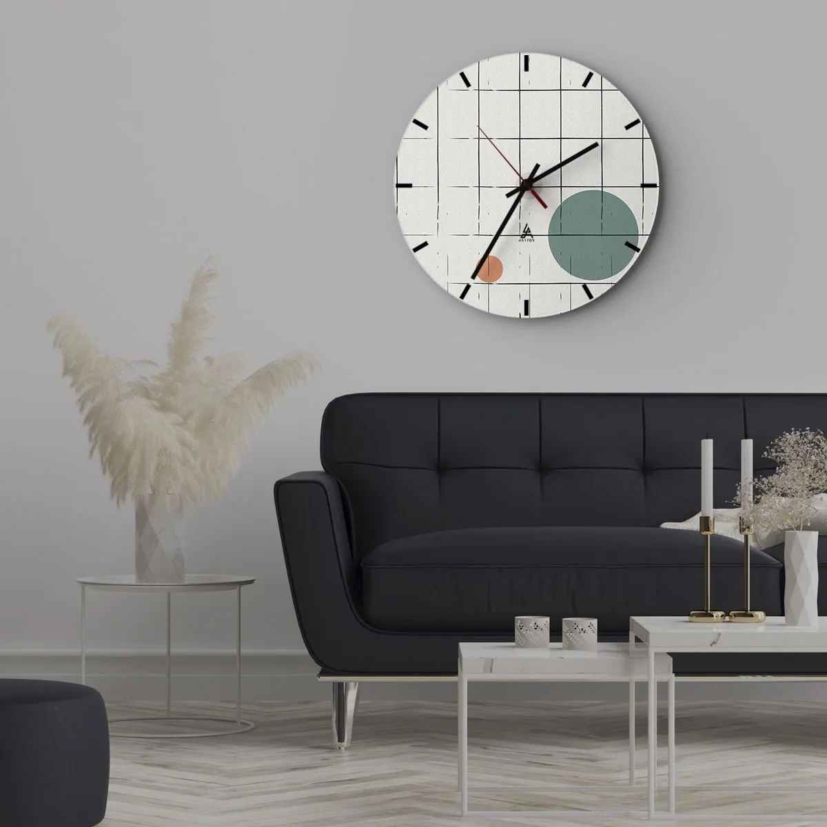 Ceas de perete - Ceas pe sticlă - O grilă de verticale și orizontale cu cercuri colorate pe fundal - 30x30cm - În capcană. Noi sau ele? - Decorațiune modernă pentru perete pentru living, bucătărie și dormitor ARTTOR