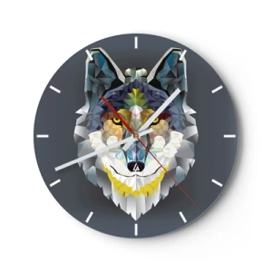 Ceas de perete - Ceas pe sticlă - Imagine geometrică a unui lup pe un fundal întunecat - 30x30cm - Ce știm despre lup - Decorațiune modernă pentru perete pentru living, bucătărie și dormitor ARTTOR