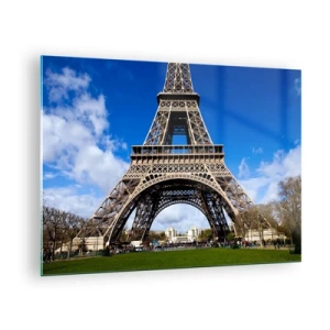 Tablou pe sticlă - Turnul Eiffel pe fundalul unui cer albastru - 70x50cm - Întregul Paris la picioarele ei - Decorațiune modernă pentru perete pentru living și dormitor ARTTOR